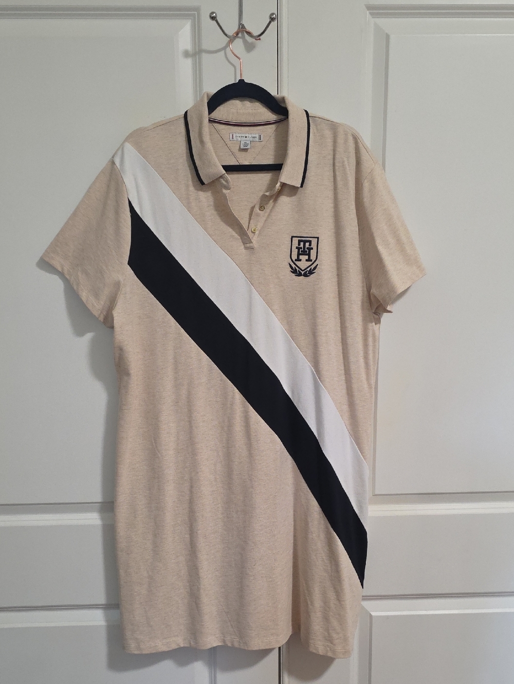 Tommy Hilfiger Beige Midi Polo Dress with Blue & White Diagonal Stripes